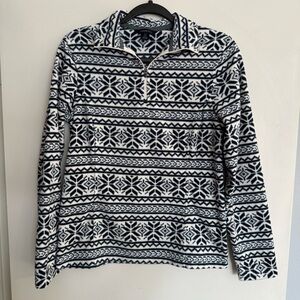 Lands' End Zip-Up Sweater - navy and White Snowflake Design